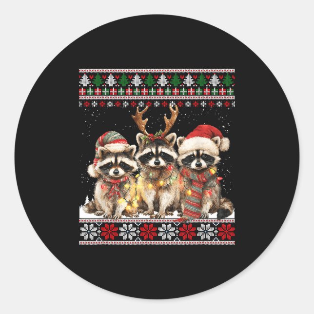 Adesivo Redondo Cute Raccoon Santa Christmas Lights Ugly Xmas Swea (Frente)