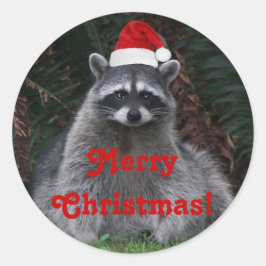 Adesivo Redondo Cute Raccoon Vestindo Red Santa Hat