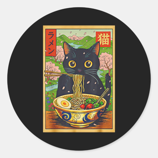 Adesivo Redondo Cute Ramen Cat Nature Flowers Noodle Anime  (Frente)
