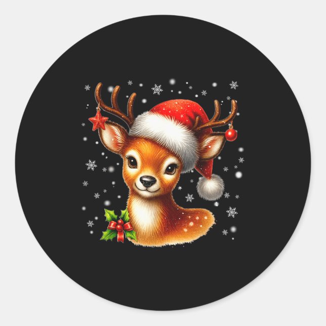 Adesivo Redondo Cute Reindeer Santa Hat Rednose Christmas Xmas Wom (Frente)