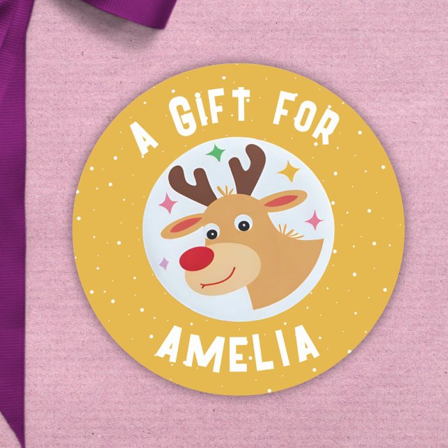 Adesivo Redondo Cute Reindeer Snowflakes Kid`s Name Christmas  (Criador carregado)