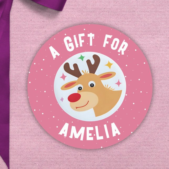 Adesivo Redondo Cute Reindeer Snowflakes Kid`s Name Christmas  (Criador carregado)