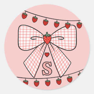 Adesivo Redondo Cute Retro Monogram Initials Strawberry Coquette