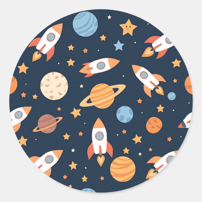 Adesivo Redondo Cute Rockets Planets Space Pattern (Frente)