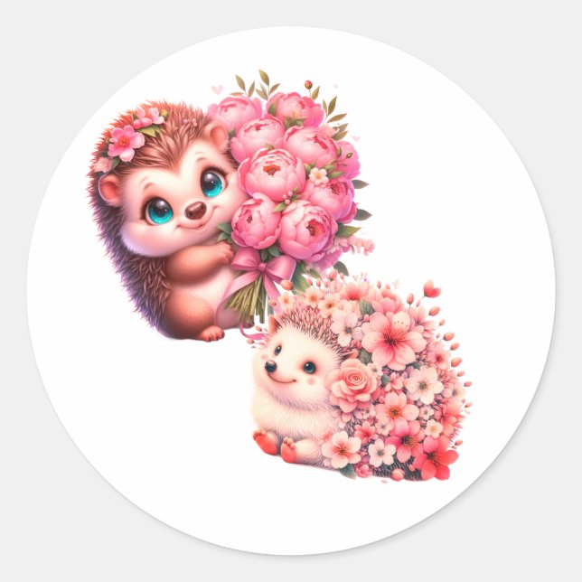 Adesivo Redondo  Cute Romantic Floral Hedgehog Duo Illustration (Frente)