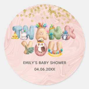 Adesivo Redondo Cute Rose Gold Mármore Chuveiro de Bebê Animal Agr