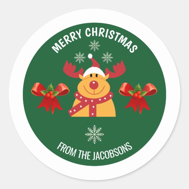 Adesivo Redondo Cute Rudolph Reindeer Merry Xmas Da Família (Frente)