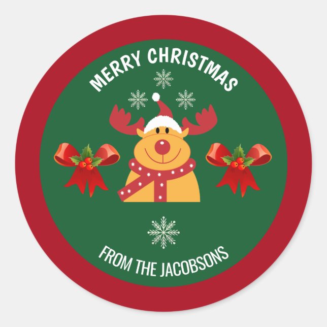 Adesivo Redondo Cute Rudolph Reindeer Merry Xmas Da Família (Frente)