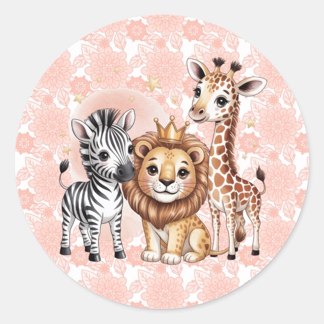 Adesivo Redondo Cute Safari Animals With Pink Florals (Frente)