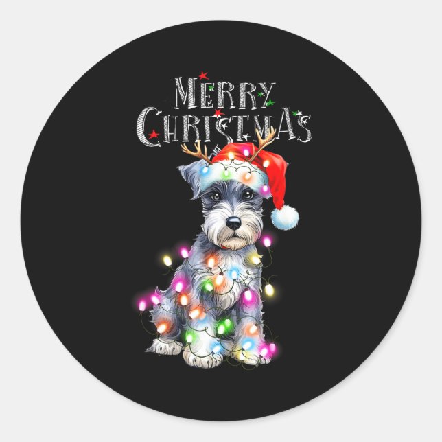 Adesivo Redondo Cute Schnauzer Christmas Lights Xmas Dog Santa Hat (Frente)