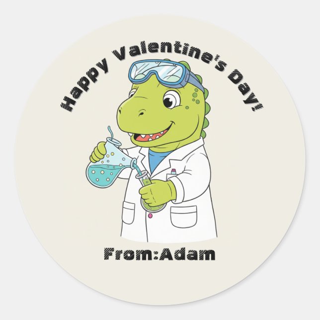 Adesivo Redondo Cute scientist dinosaur  Valentine  (Frente)