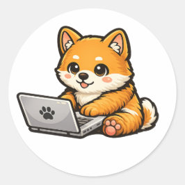 Adesivo Redondo Cute Shiba Inu com Laptop – Design de Cachorro Aco