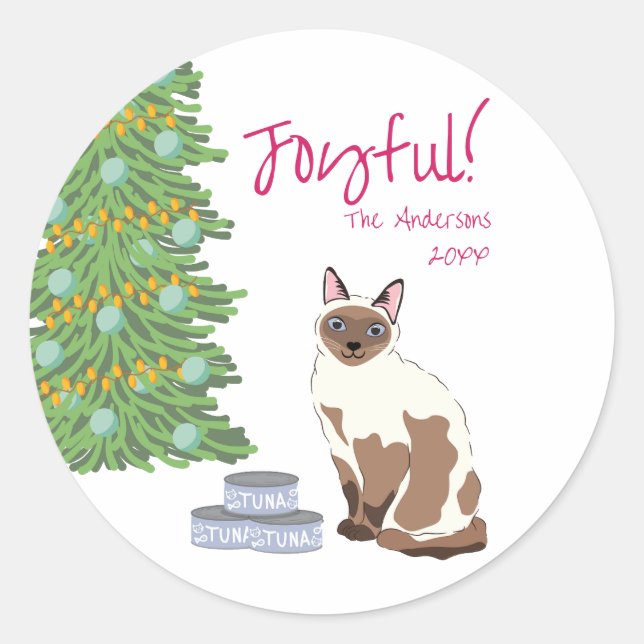 Adesivo Redondo Cute Siamese Cat with Tuna Joyful Christmas  (Frente)