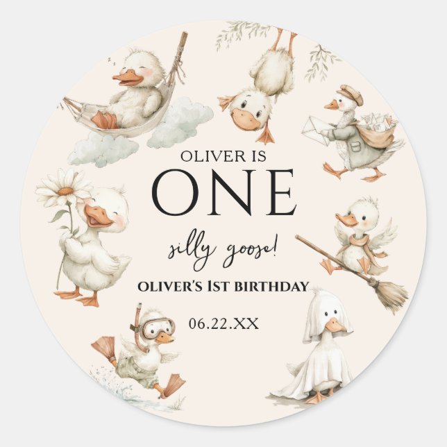 Adesivo Redondo cute Silly Goose ,One Silly Goose 1st Party (Frente)