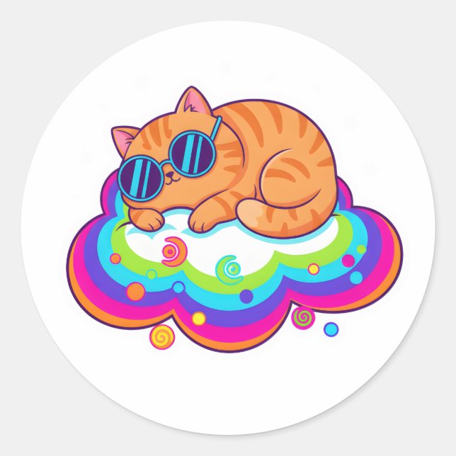 Adesivo Redondo Cute Sleeping Orange Cat on Rainbow Cloud with Sta (Frente)