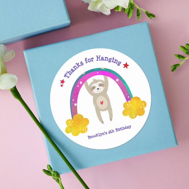 Adesivo Redondo Cute Sloth Boho Rainbow Kawaii Aniversário Obrigad (Criador carregado)