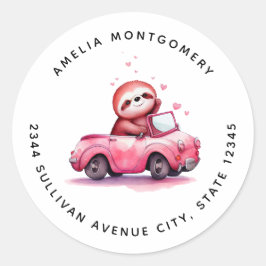 Adesivo Redondo Cute Sloth Driving a Pink Convertible - Address