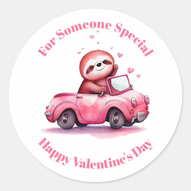 Adesivo Redondo Cute Sloth in a Pink Convertible Valentine's Day (Frente)