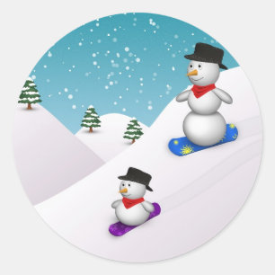 Adesivo Redondo Cute Snowboard Snowmen