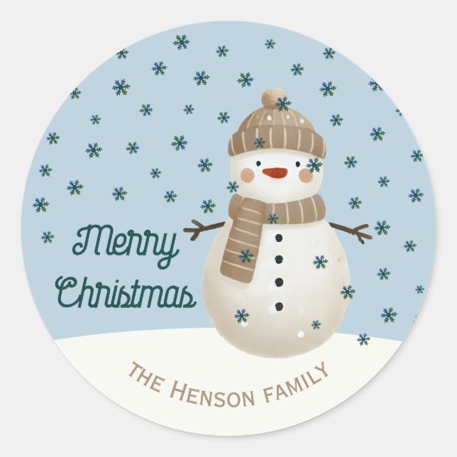 Adesivo Redondo Cute Snowman Snowflakes Drawing Name Christmas (Frente)