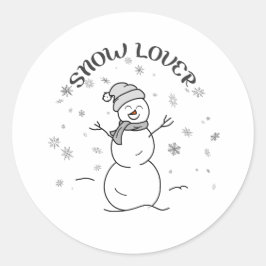 Adesivo Redondo Cute Snowman with SNOW LOVER Text and Snowflakes  