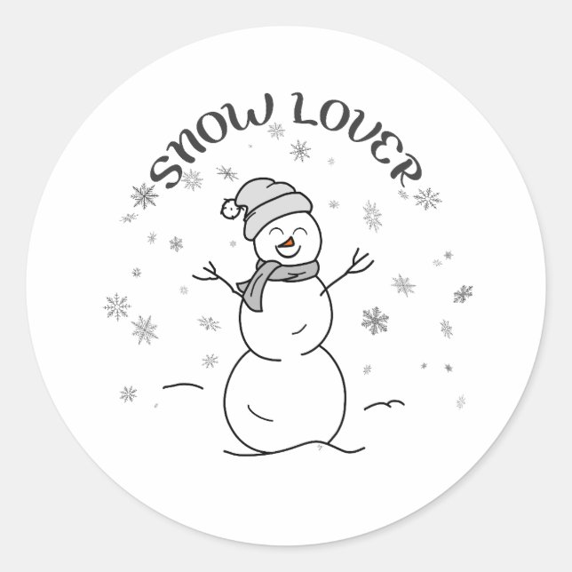 Adesivo Redondo Cute Snowman with SNOW LOVER Text and Snowflakes   (Frente)