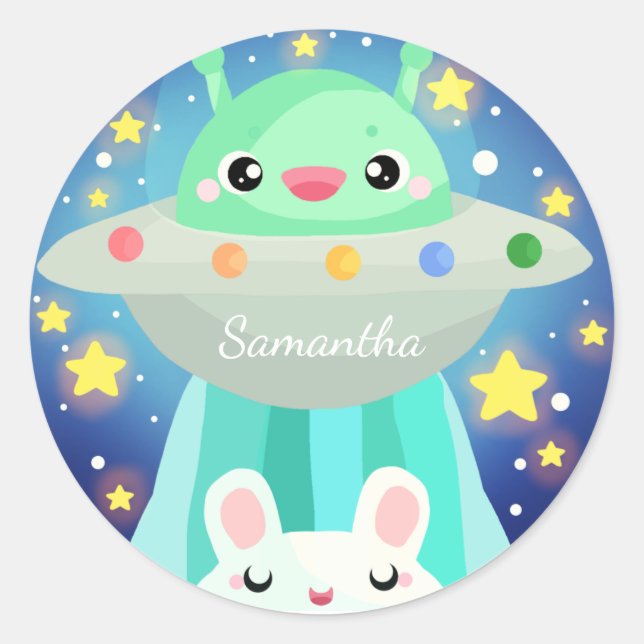 Adesivo Redondo Cute Space Creature And Bunny Rabbit (Frente)