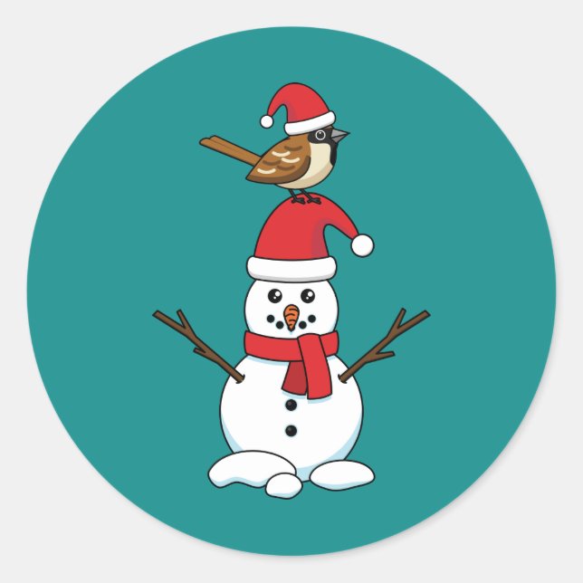 Adesivo Redondo Cute Sparrow on Snowman (Frente)