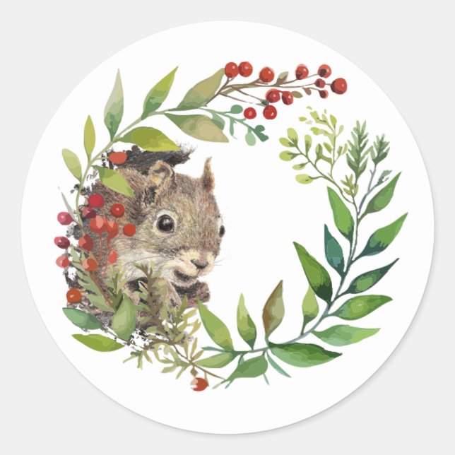 Adesivo Redondo Cute Squirrel Peeking out Holly Wreath (Frente)