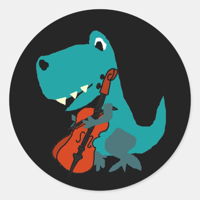 Adesivo Redondo Cute T-rex Dinosaur Playing Cello Music (Frente)