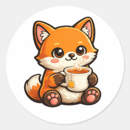 Adesivo Redondo Cute Tea Fox Illustration – Cozy Fox Drinking Tea