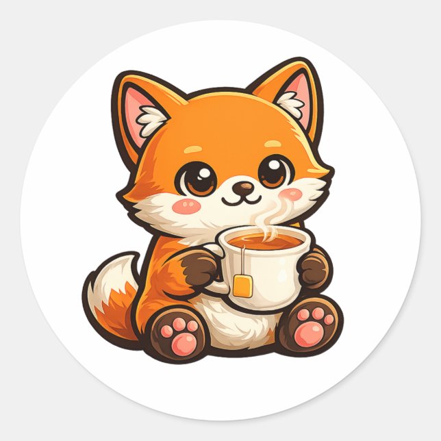 Adesivo Redondo Cute Tea Fox Illustration – Cozy Fox Drinking Tea (Frente)