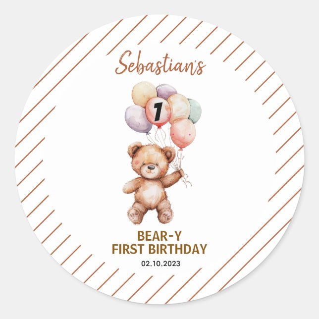 Adesivo Redondo Cute Teddy Bear 1st Birthday | Sweet Bear  (Frente)