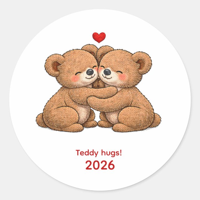 Adesivo Redondo Cute Teddy Bear Couple in Love – Embroidered Style (Frente)