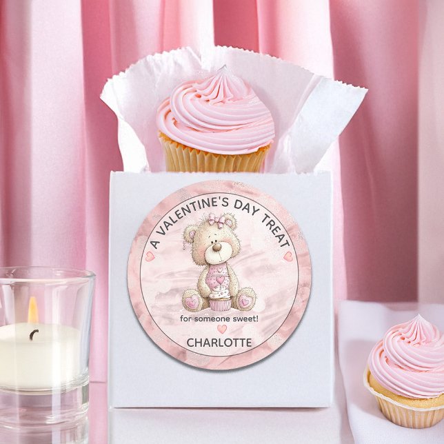Adesivo Redondo Cute Teddy Bear | Cupcake Sweet Treat Valentines (Cute Teddy Bear and Cupcake "A Valentine's Day Treat for Someone Sweet!" Classic Round Sticker)
