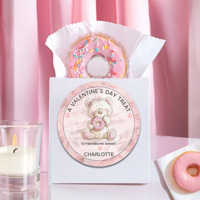 Adesivo Redondo Cute Teddy Bear | Donut Sweet Treat Valentines (Cute Teddy Bear with Donut "A Valentine's Day Treat for Someone Sweet!" Classic Round Sticker)