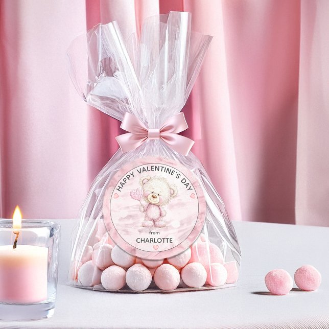 Adesivo Redondo Cute Teddy Bear | Heart Pop Happy Valentines Day (Cute Teddy Bear Holding A Heart-Shaped Pop "Happy Valentine's Day" from Name Classic Round Sticker)