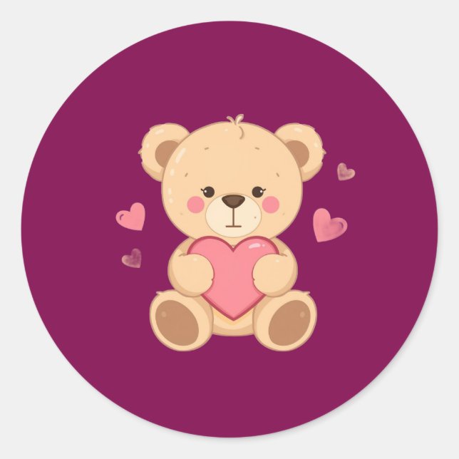Adesivo Redondo Cute Teddy Bear Holding Heart – Valentine Love Ill (Frente)