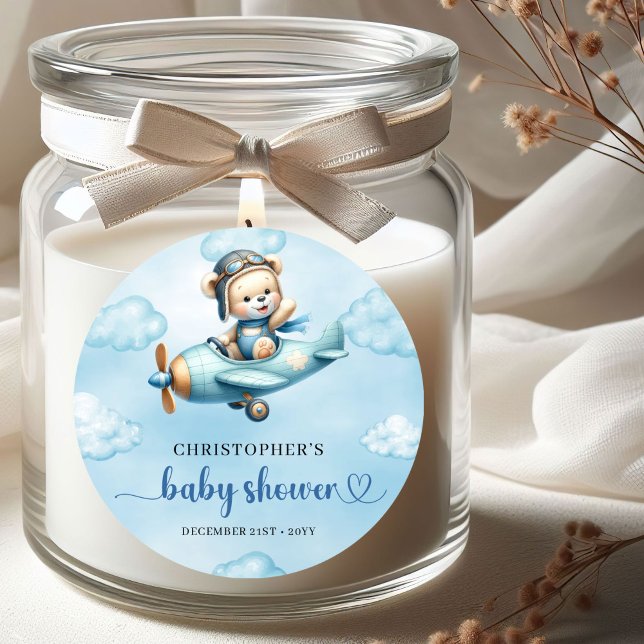 Adesivo Redondo Cute Teddy Bear Pilot Airplane Blue Brown Baby  (Cute Teddy Bear Pilot Airplane Blue Brown Baby Shower Sticker

)
