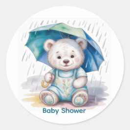 Adesivo Redondo Cute Teddy Bear With Umbrella Boy Baby Shower