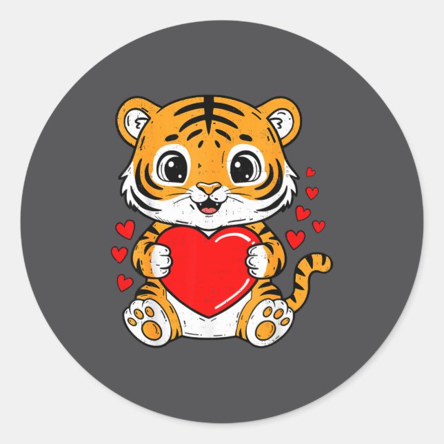 Adesivo Redondo Cute Tiger Holding Heart Kawaii Valentines Day Men (Frente)