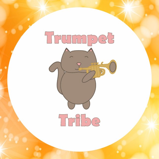 Adesivo Redondo Cute Trumpet Tribe Cat Illustration  (A sticker with a brown cat playing the trumpet and the text trumpet tribe.)