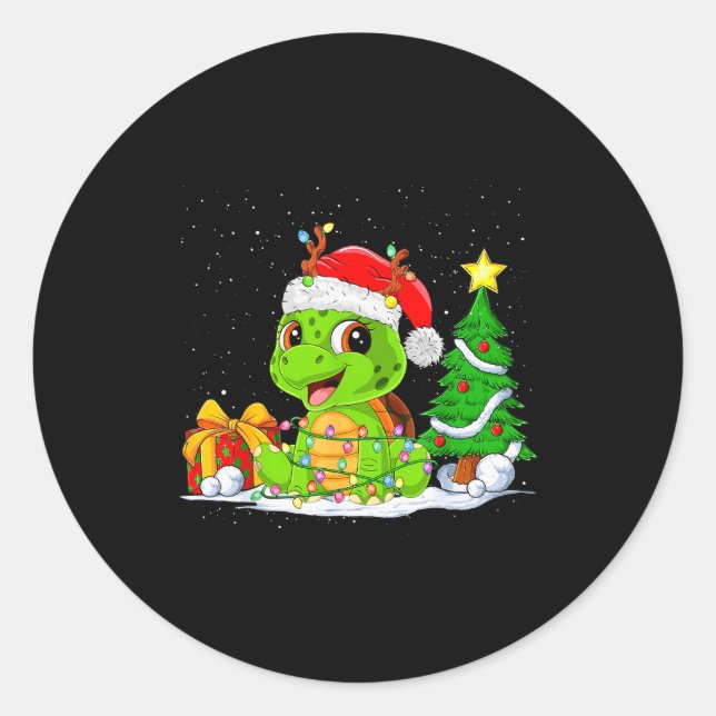 Adesivo Redondo Cute Turtle Santa Christmas Tree Lights Xmas Pajam (Frente)