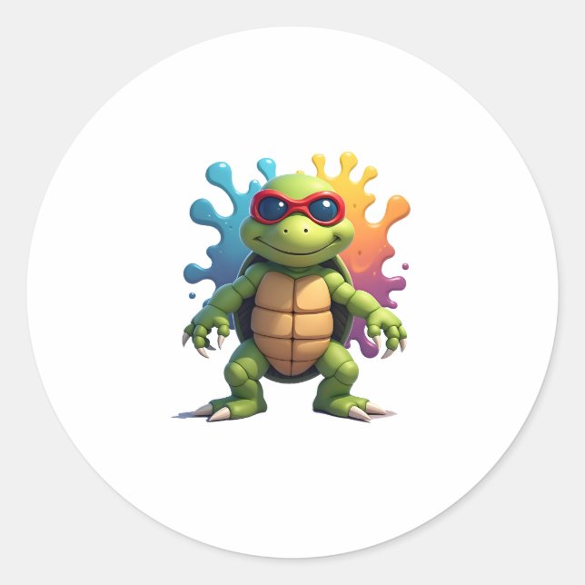 Adesivo Redondo Cute Turtle Wearing Sunglasses Paint Splash Sea An (Frente)