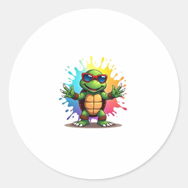 Adesivo Redondo Cute Turtle Wearing Sunglasses Paint Splash Sea An (Frente)