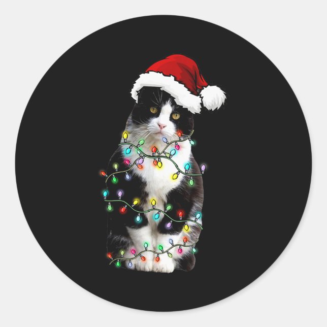 Adesivo Redondo Cute Tuxedo Black Cat Christmas Light Cat Christma (Frente)