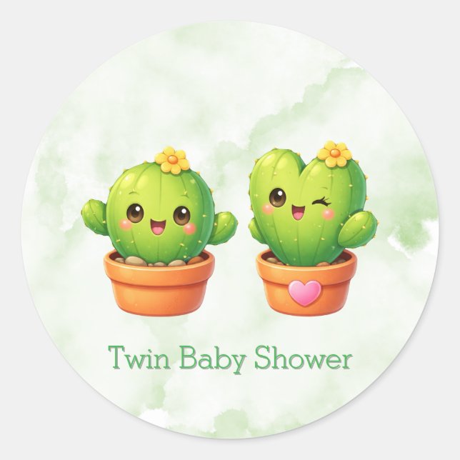 Adesivo Redondo Cute Twin Cactus Baby Shower (Frente)