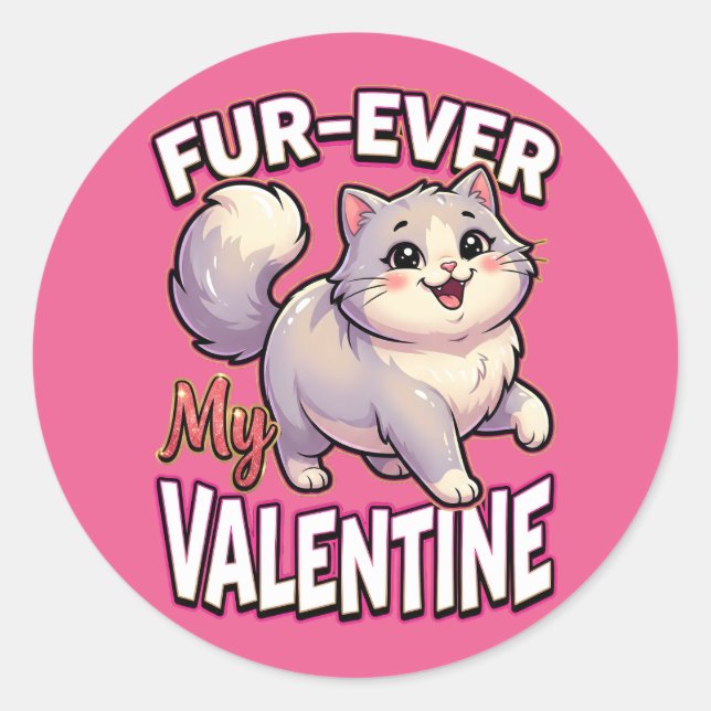 Adesivo Redondo Cute Valentine Cat – Fur-Ever My Valentine (Frente)