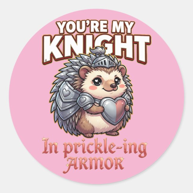 Adesivo Redondo Cute Valentine Hedgehog – Knight in Prickly Armor (Frente)