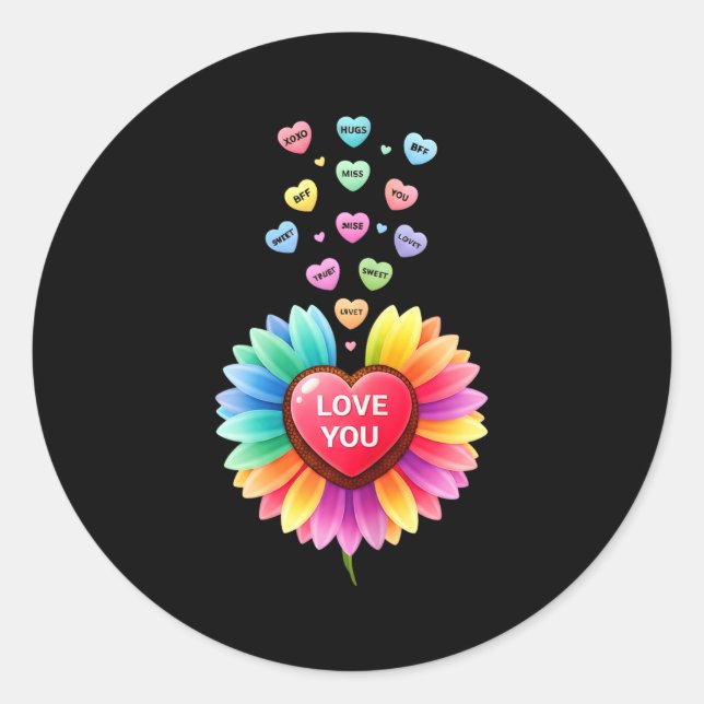 Adesivo Redondo Cute Valentine Love Sunflower Hearts Candy For Gir (Frente)